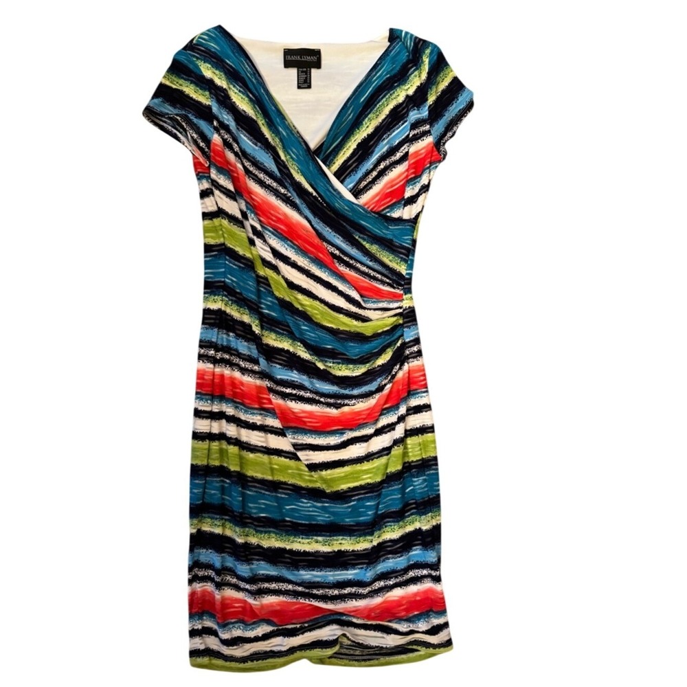 Frank Lyman Womens Colorful Stripe Dress Sz 10 V Neck Short Sleeve Office Resort